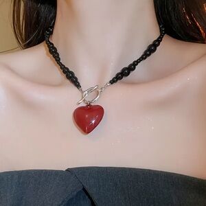 Red Heart Necklace with Beaded Chain